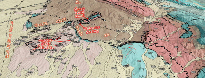 Screen-capture image from Google Earth, showing an oblique, northward view of the west side of the Beaver Dam Mountains. The gravity-slide blocks are visible for us to see and ponder because they are exposed in a structural high known as a relay ramp, which links the Red Hollow and Piedmont faults. Sheared and tectonically thinned strata of the upper plate of the Castle Cliff fault hug the mountain front and are also present at Sheep Horn Knoll just above Welcome Spring. These upper-plate strata, which once covered Precambrian metamorphic and igneous rocks (Xu) that now form the exposed core of the range, were the source of the gravity-slide blocks.