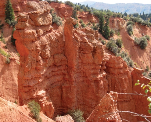 View looking down on red rock hoodoos and walls.