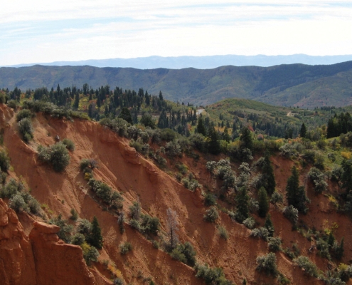Overview of mountains and layers of red rock among greenery in a canyon.