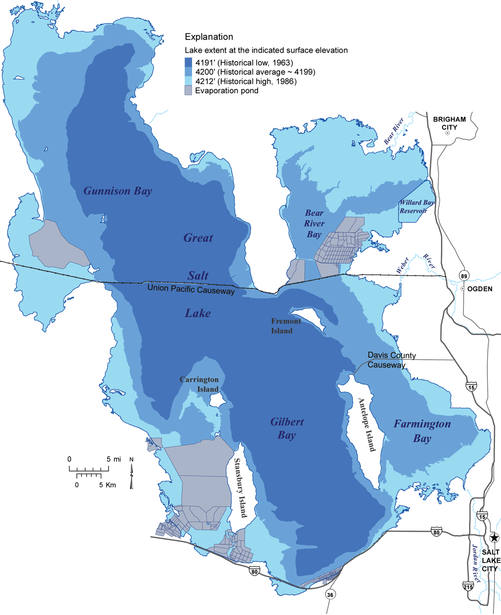 Great Salt Lake water levels have varied by more than 20 feet in historical time, resulting in shoreline shifts of as much as 20 miles.