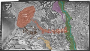 Mosaic of 1953 Army Map Service black and white aerial photographs of Great Salt Lake, Salt Lake City, and the southern tip of Antelope Island. Highlighted areas show a simplified representation of post-Lake Bonneville river channels and deltaic deposits. A) Gilbert-episode river channel and delta deposited as the lake receded, B) post-Gilbert, west-flowing paleo-Jordan River and associated lobate delta, C) bird’s foot delta that was likely deposited during the late Holocene highstand of Great Salt Lake, D) delta deposited during northward flow of the Jordan River, E) approximate location of Jordan River meander floodplain, F) modern modified channel of the Jordan River, G) location of 2010 paleoseismic trench on the Granger fault, H) location of 1997 and 2015 paleoseismic trenches on the Taylorsville fault.