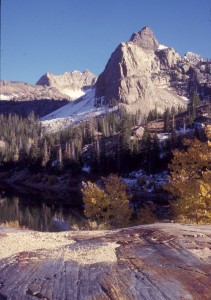 Ice-polished rock and glacial striations (foreground) near Lake Blanche and Sundial Peak in Big Cottonwood Canyon, Salt Lake County.