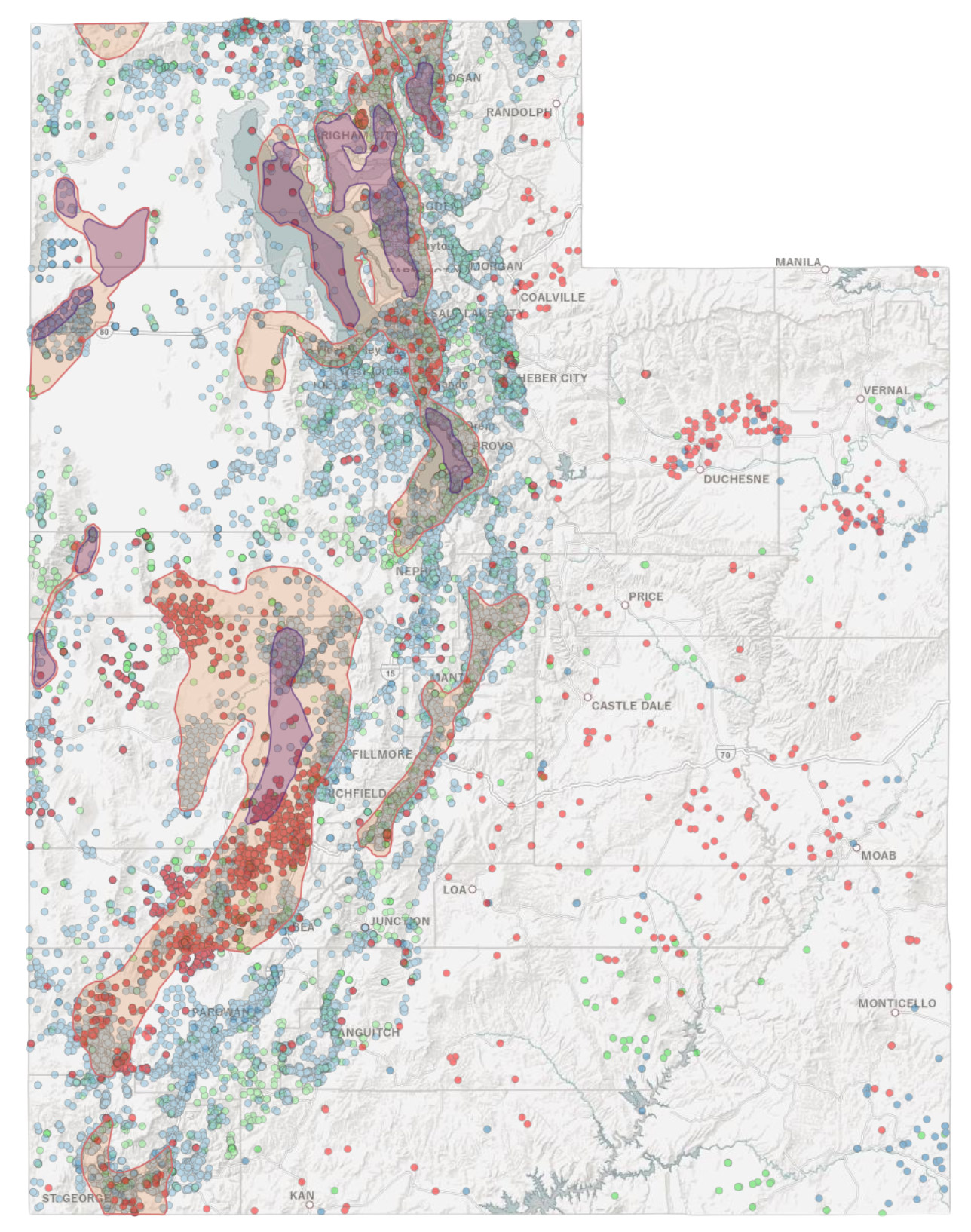 Screenshot of the Geothermal and Geophysical Data Portal showing an example of spatial coverage of data in Utah. Screenshot of the Geothermal and Geophysical Data Portal web app showing the coverage of subset data with a query tool pop-up, as well as the locations of Quaternary age faults within the state of Utah boundary.